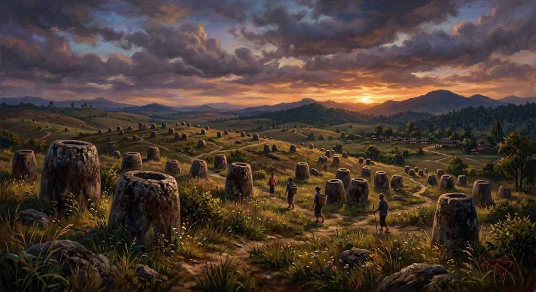 ចម្ការក្រឡ (Plain of Jars) — តំបន់ក្រឡថ្មដ៏អាថ៌កំបាំងនៃប្រទេសឡាវ (រូបភាពគំនូរ)